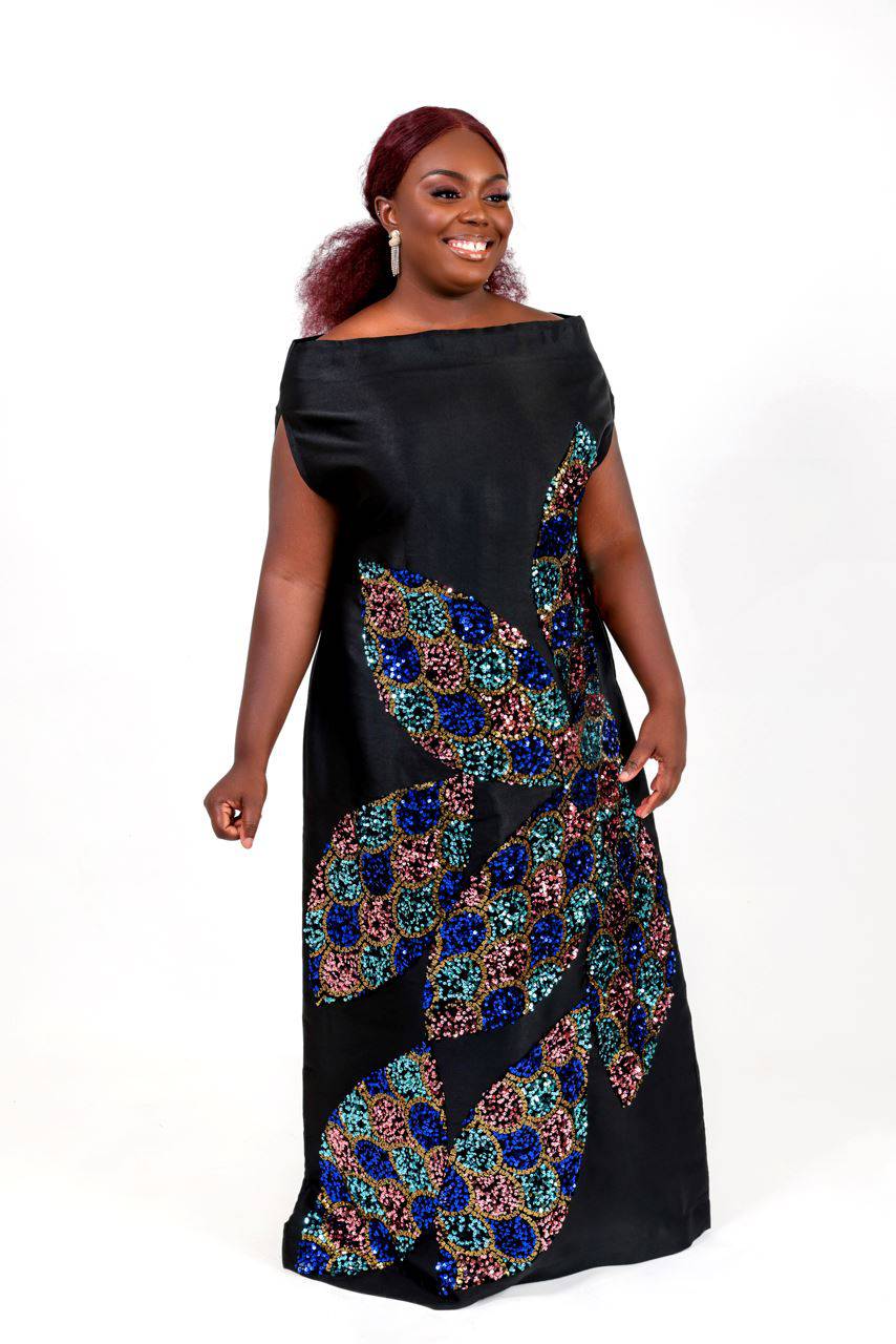 Black Goddess Maxi African kaftan boubou mikado silk dress with multicolored sequin Bibir