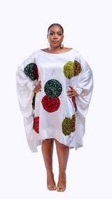 Bella white short boubou dress with multicolored sequin circle and asymmetrical sides