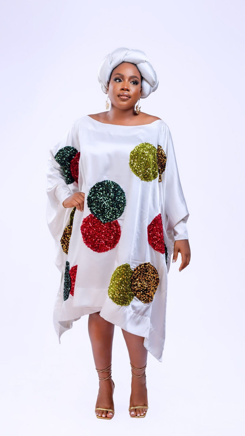 Bella white short boubou dress with multicolored sequin circle and asymmetrical sides