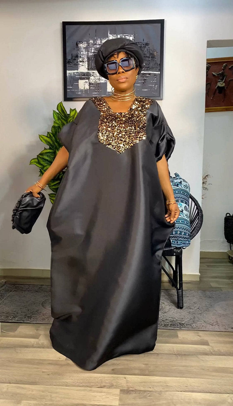 Buga Boubou Dress (Black))- African maxi dress with Silk fabric