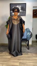 Buga Boubou Dress (Black))- African maxi dress with Silk fabric