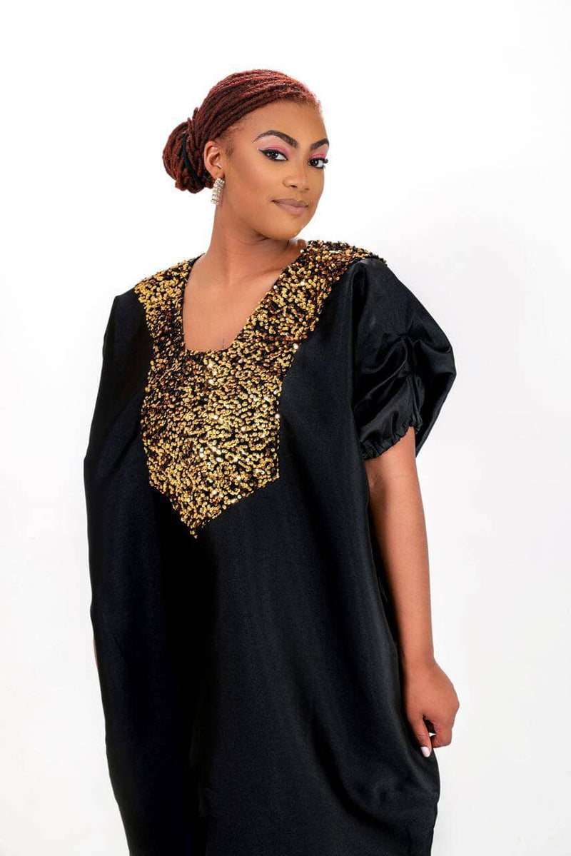 Buga Boubou Dress (Black))- African maxi dress with Silk fabric