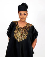 Buga Boubou Dress (Black))- African maxi dress with Silk fabric