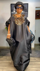 Buga Boubou Dress (Black))- African maxi dress with Silk fabric