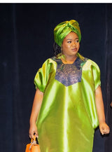 Buga Boubou short dress with multicolored sequin neck line (olive green)