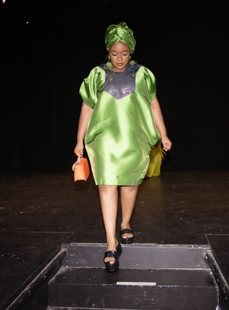 Buga Boubou short dress with multicolored sequin neck line (olive green)