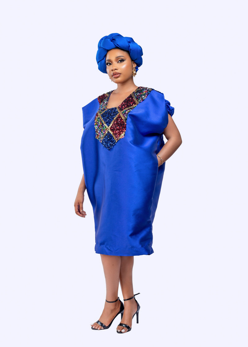 Buga Boubou Short Dress with Multicolored Sequin neckline (Blue)