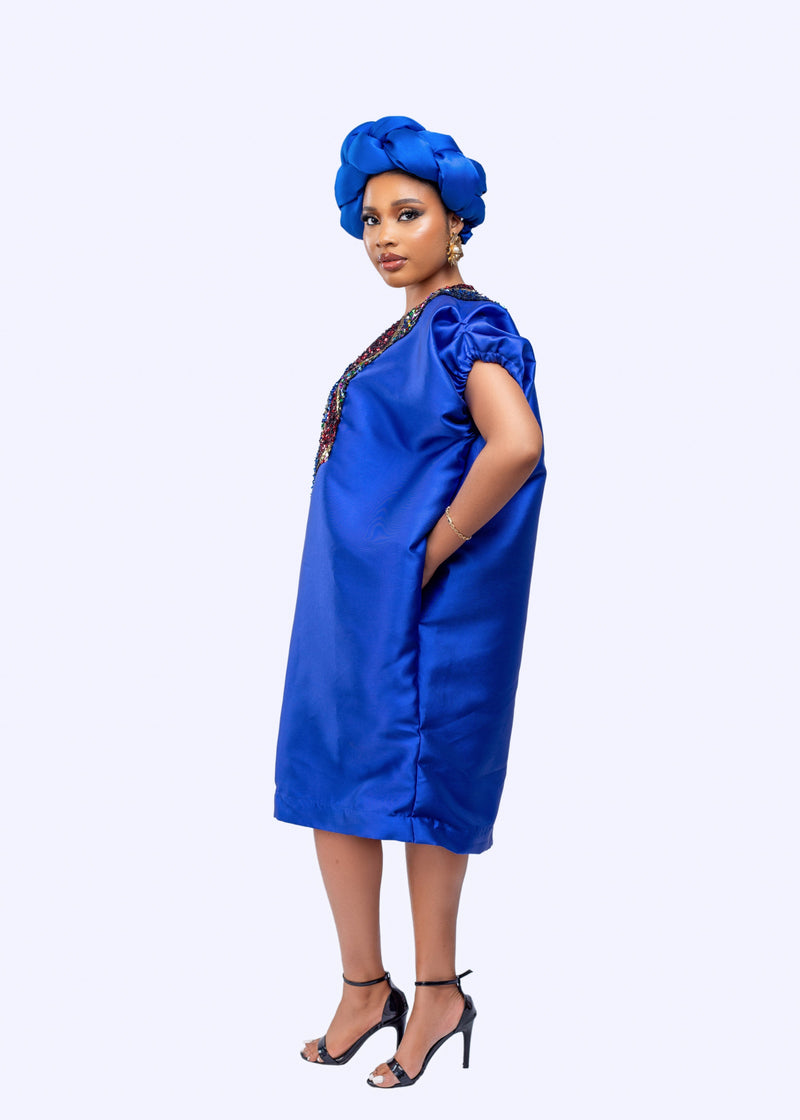 Buga Boubou Short Dress with Multicolored Sequin neckline (Blue)