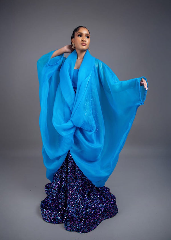 Casablanca Cape Top With Long Sequin Skirt Set (blue)