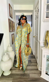 Doha golden blue flower patterned kimono dress