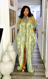 Doha golden blue flower patterned kimono dress