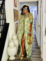 Doha golden blue flower patterned kimono dress