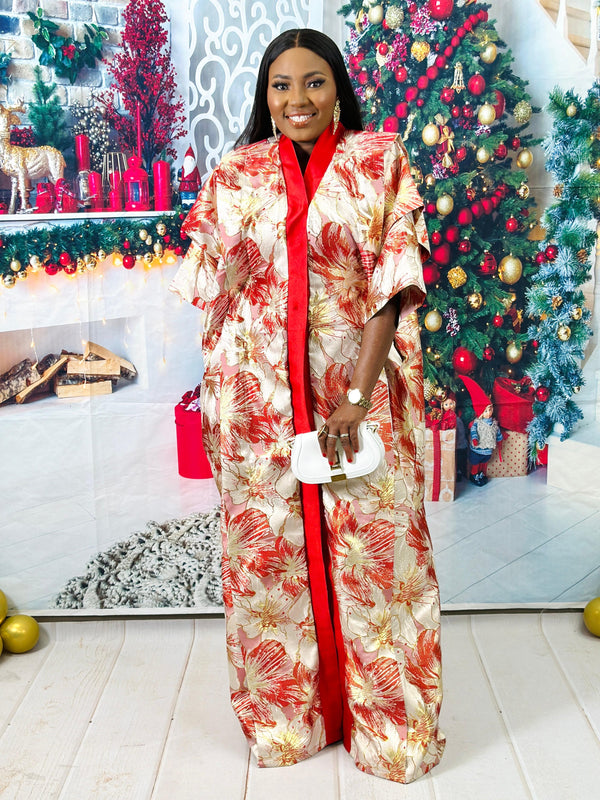 Flora Patterned Damask Boubou Kimono and Plain Wide Leg Mikado silk Pant Set (Red).