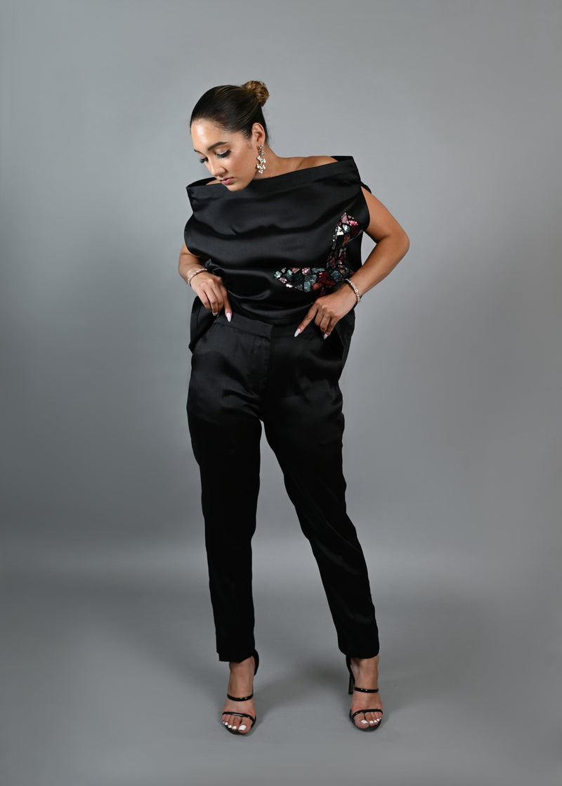 Goddess pant set (black)- silk African matching set with sequin