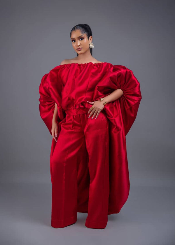 Kese red cape high low and wide leg pant