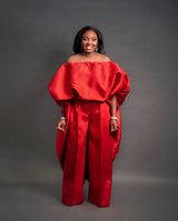 Kese red cape high low and wide leg pant