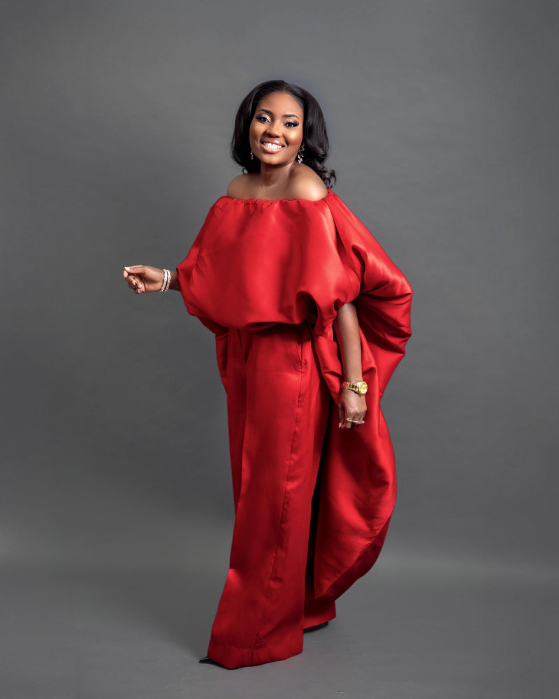 Kese red cape high low and wide leg pant