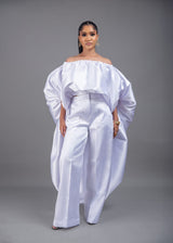 Kese white cape high low and wide leg pant