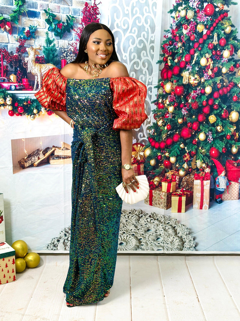 Ogaraya Off shoulder multicolored sequin long dress. Boubou Look 11