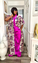 Pink flower patterned kimono and pink wide leg pants