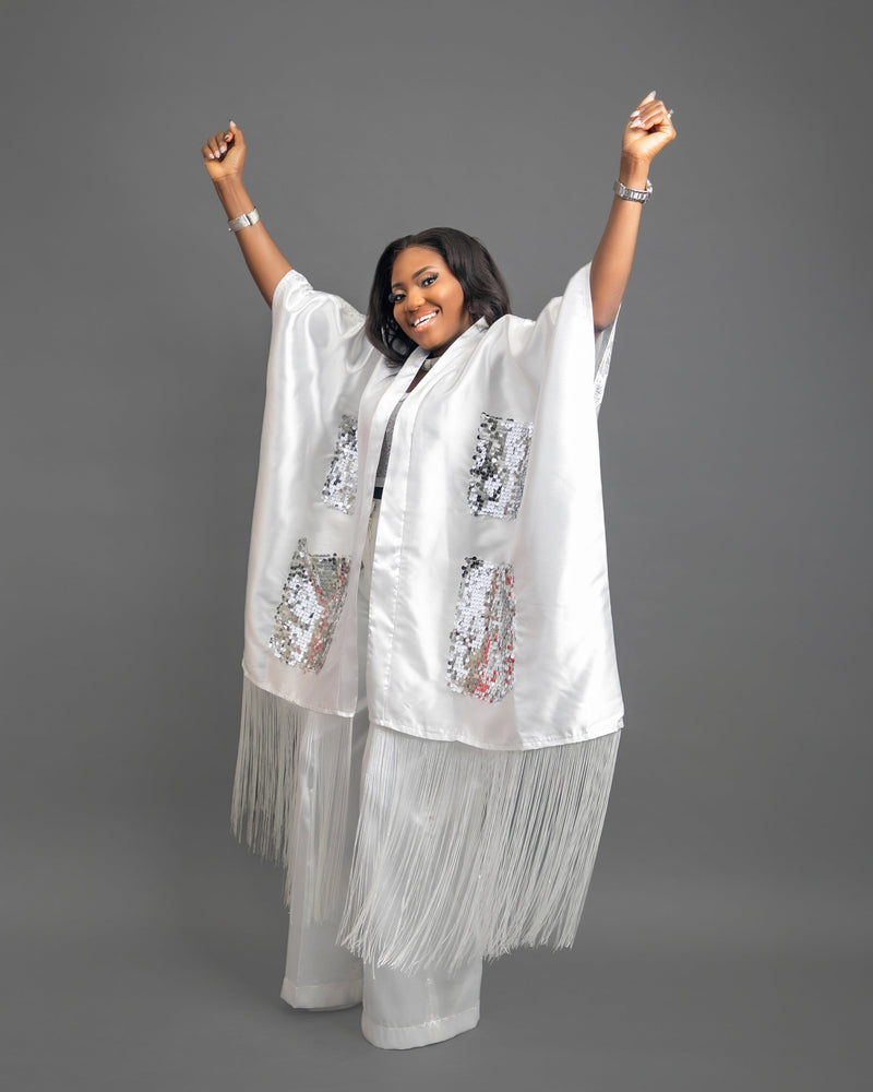 Swagger Fringe Kimono With Pant Set (White)