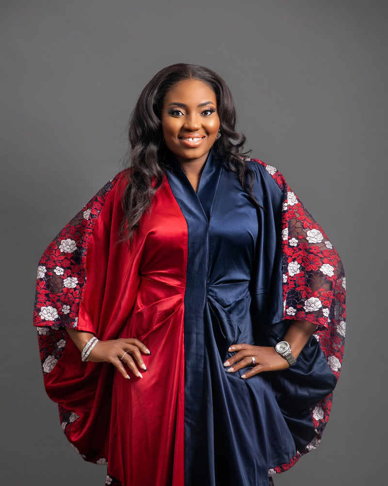 Toma - Red and Blue Silk with Lace Maxi Boubou dress