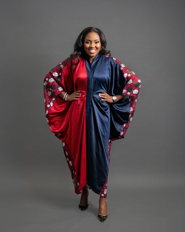 Toma - Red and Blue Silk with Lace Maxi Boubou dress