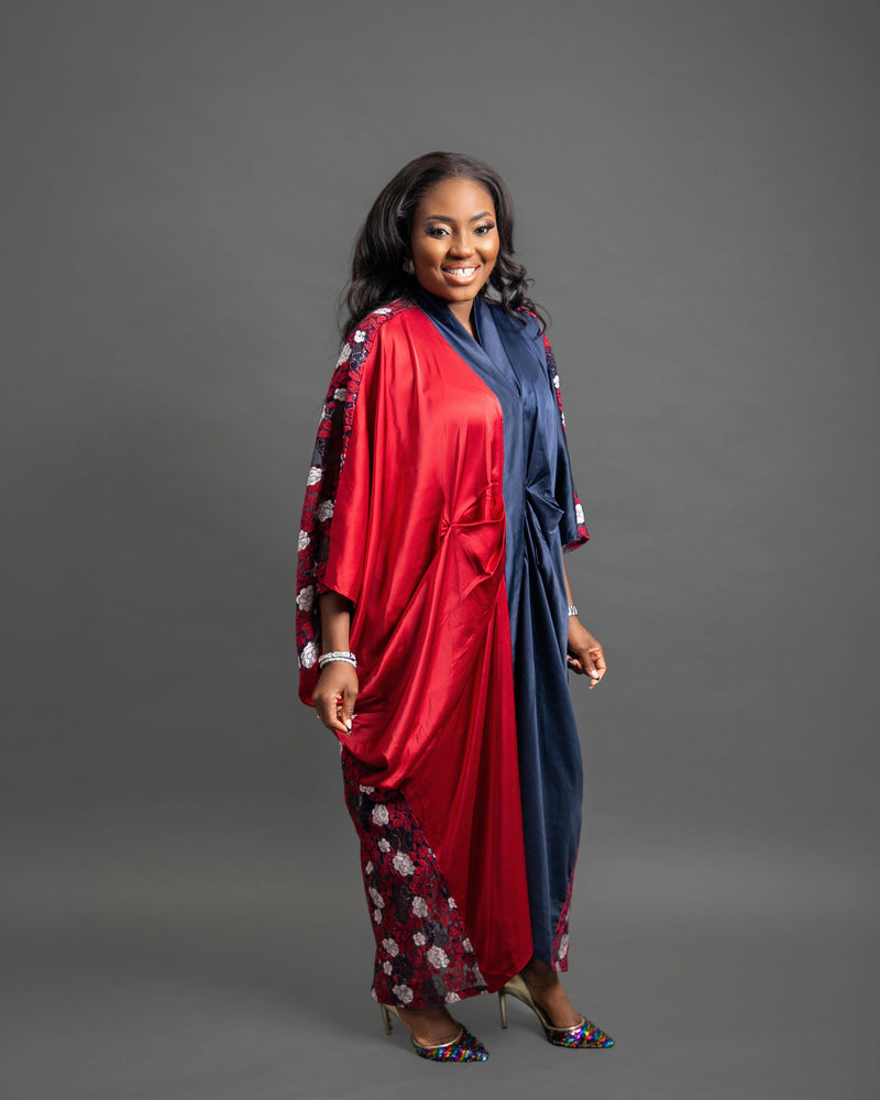 Toma - Red and Blue Silk with Lace Maxi Boubou dress