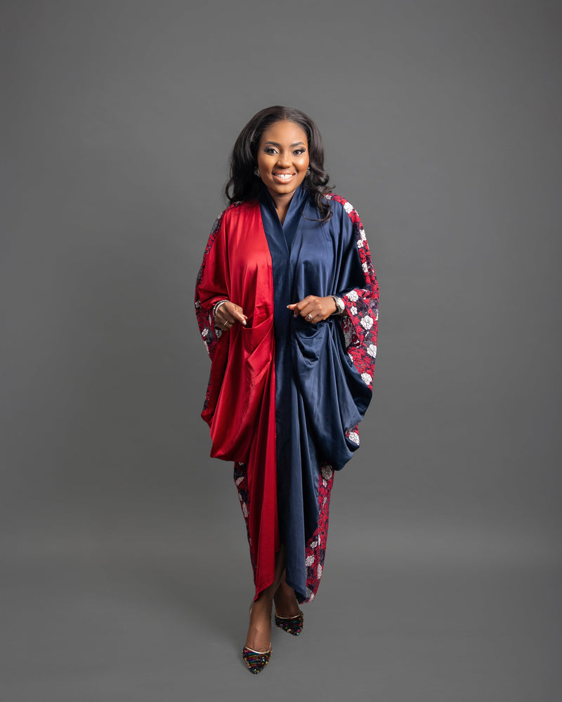 Toma - Red and Blue Silk with Lace Maxi Boubou dress