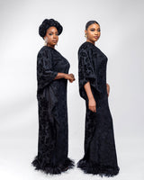 Tyla asymmetrical sleeves with feathers boubou velvet dress (Black)