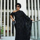 Tyla asymmetrical sleeves with feathers boubou velvet dress (Black)