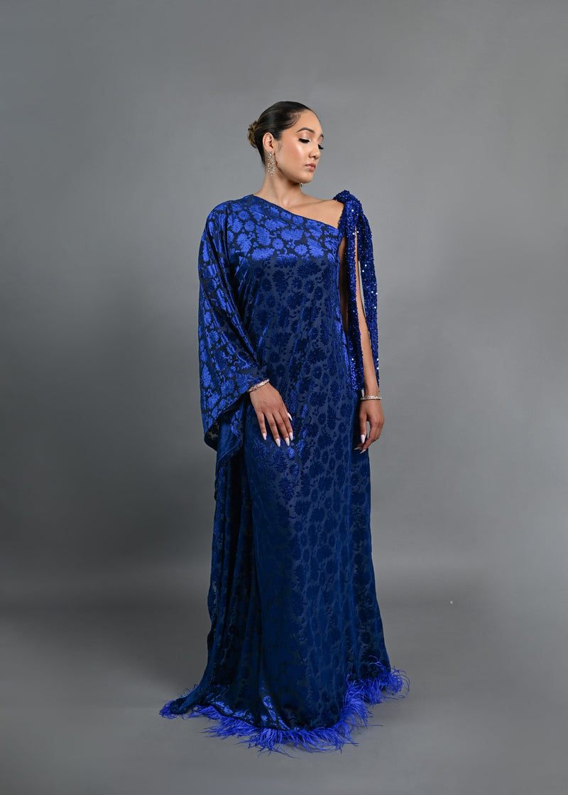 Tyla asymmetrical sleeves with feathers boubou velvet dress (Blue)