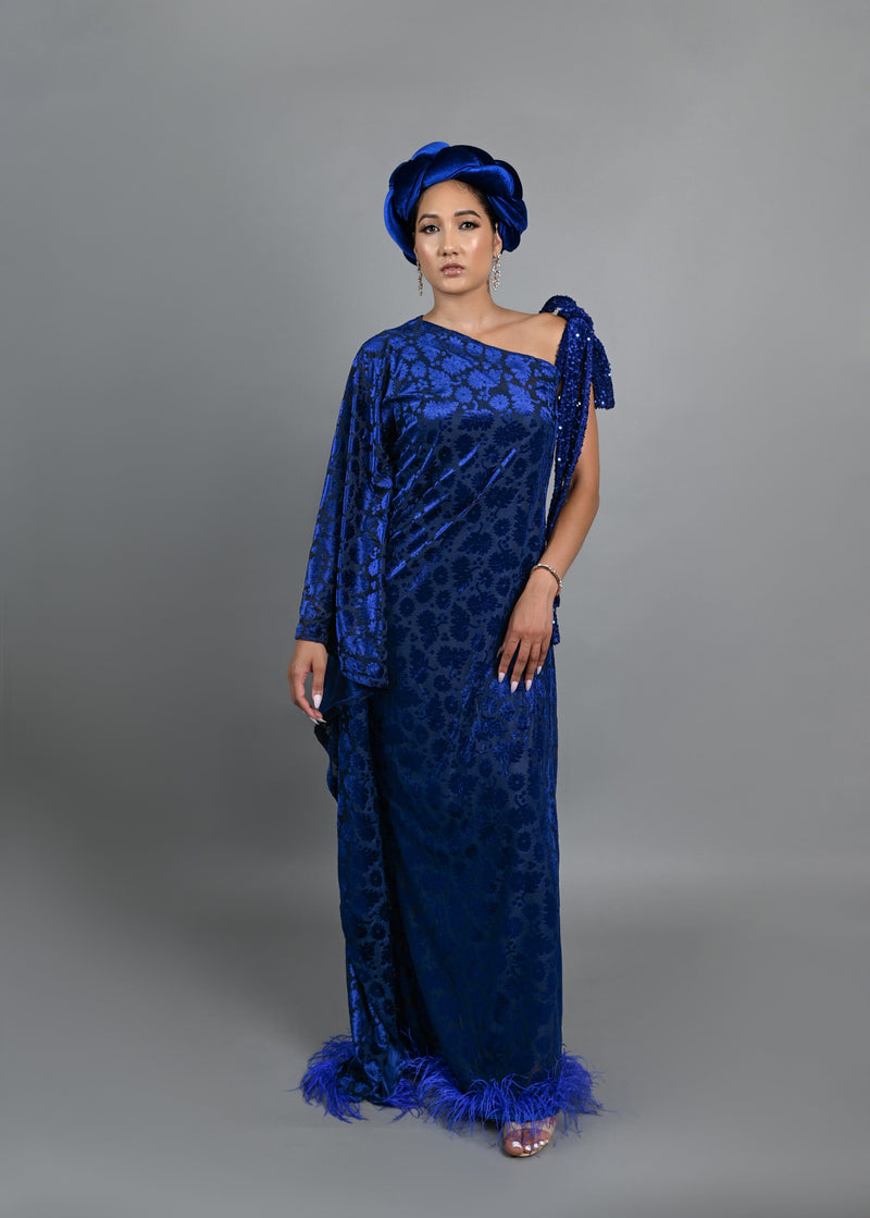 Tyla asymmetrical sleeves with feathers boubou velvet dress (Blue)