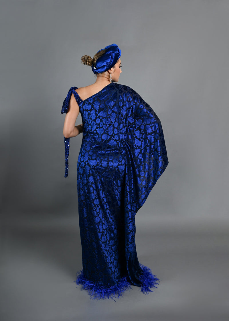 Tyla asymmetrical sleeves with feathers boubou velvet dress (Blue)