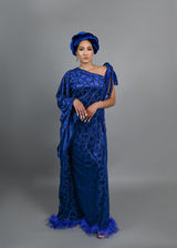 Tyla asymmetrical sleeves with feathers boubou velvet dress (Blue)