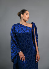 Tyla asymmetrical sleeves with feathers boubou velvet dress (Blue)