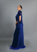 Tyla asymmetrical sleeves with feathers boubou velvet dress (Blue)