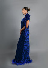 Tyla asymmetrical sleeves with feathers boubou velvet dress (Blue)