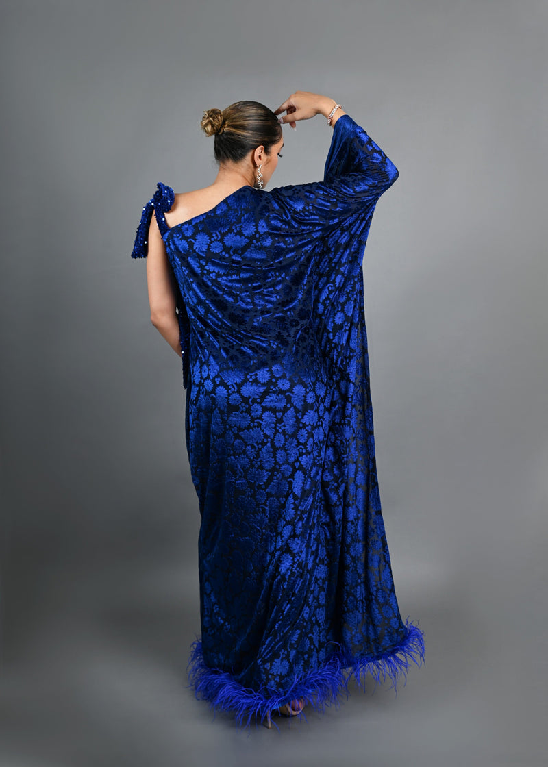 Tyla asymmetrical sleeves with feathers boubou velvet dress (Blue)