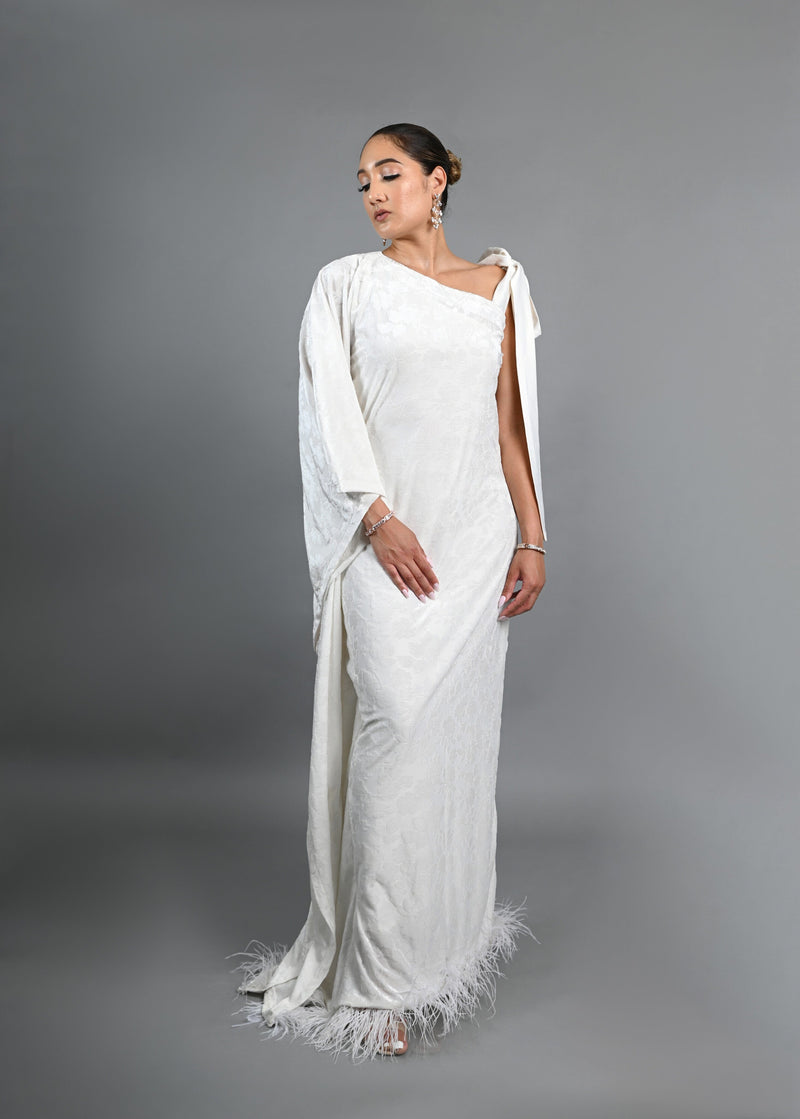 Tyla asymmetrical sleeves with feathers boubou velvet dress (White)