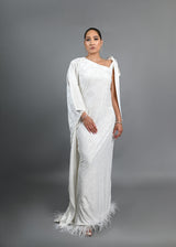 Tyla asymmetrical sleeves with feathers boubou velvet dress (White)