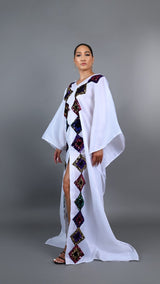 White kaftan Boubou long dress with cut out sequin.