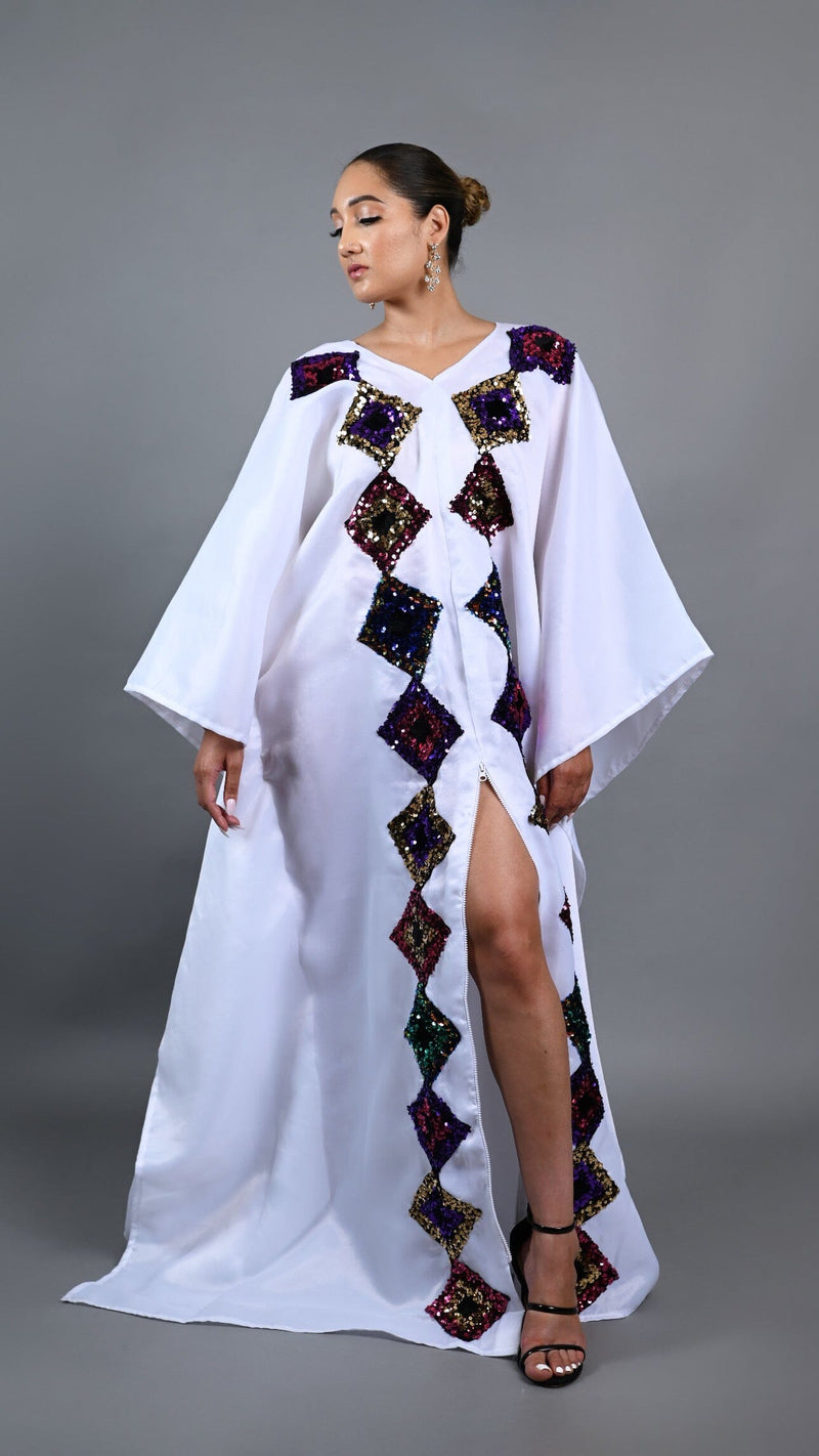 White kaftan Boubou long dress with cut out sequin.