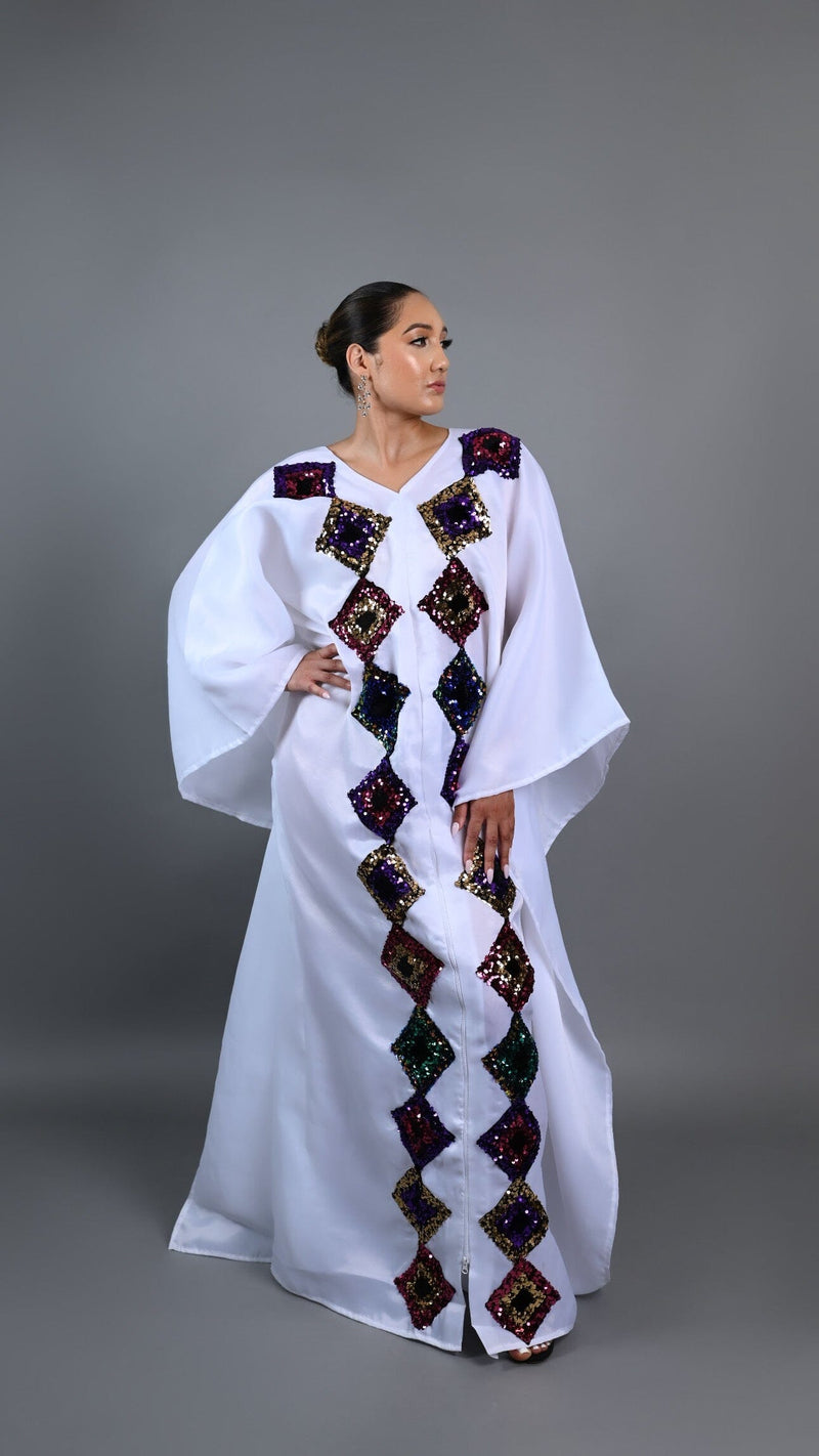 White kaftan Boubou long dress with cut out sequin.