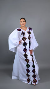 White kaftan Boubou long dress with cut out sequin.