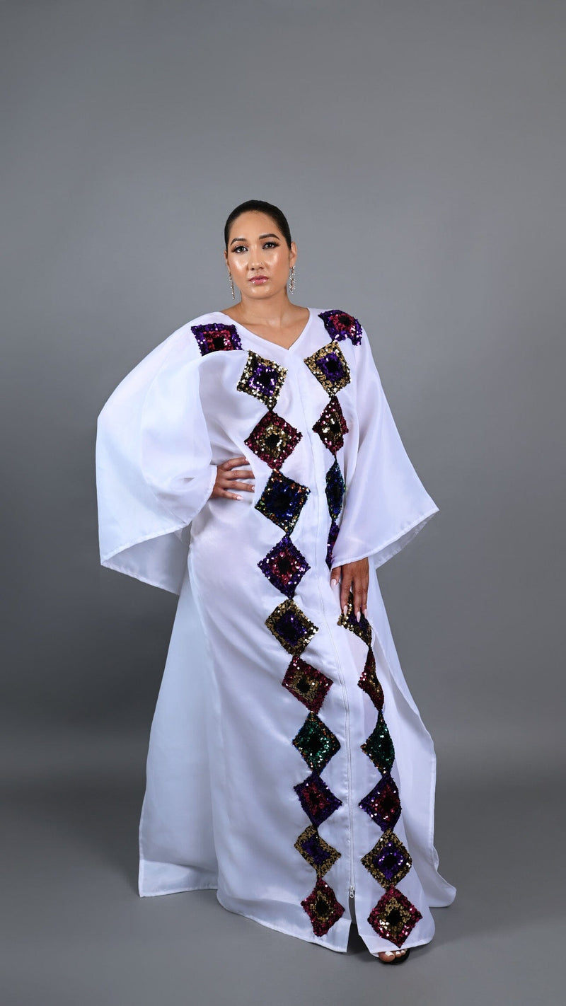 White kaftan Boubou long dress with cut out sequin.