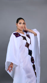 White kaftan Boubou long dress with cut out sequin.