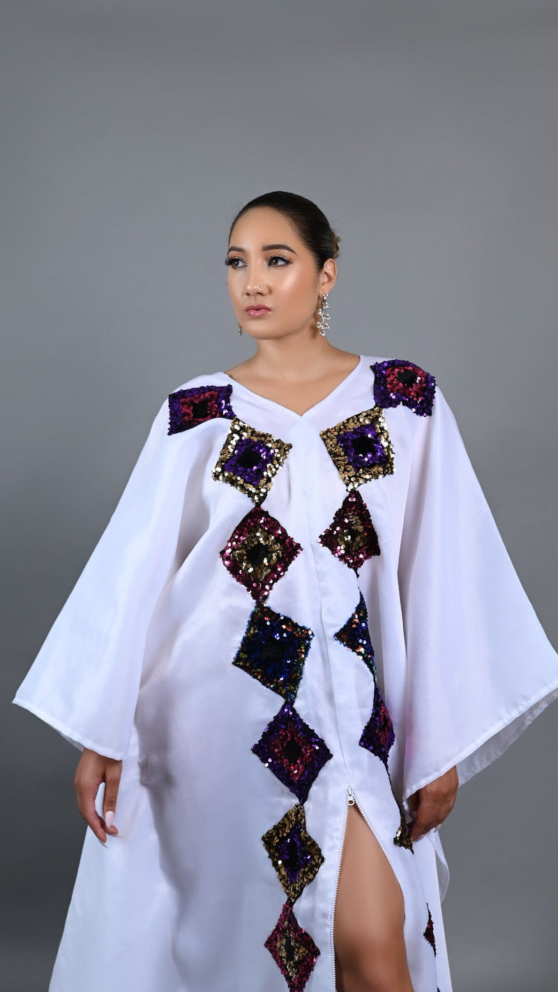 White kaftan Boubou long dress with cut out sequin.