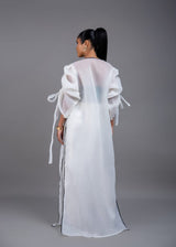 White kimono with black bow sequin and white wide leg pant set