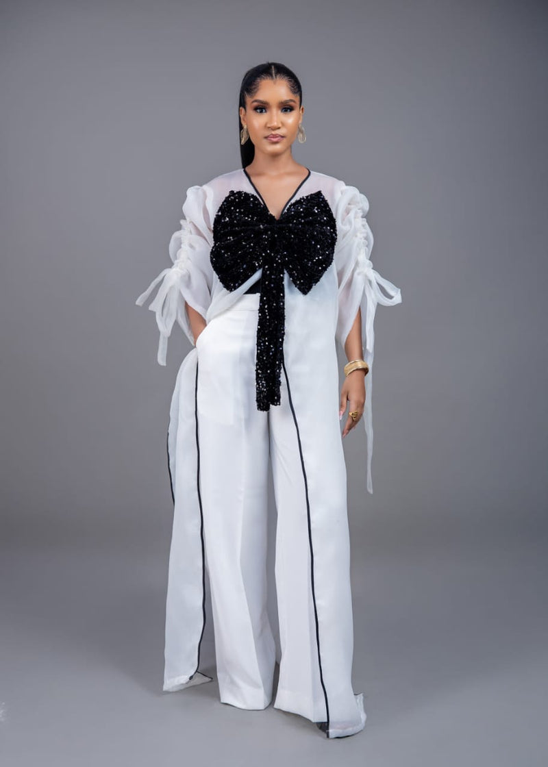 White kimono with black bow sequin and white wide leg pant set